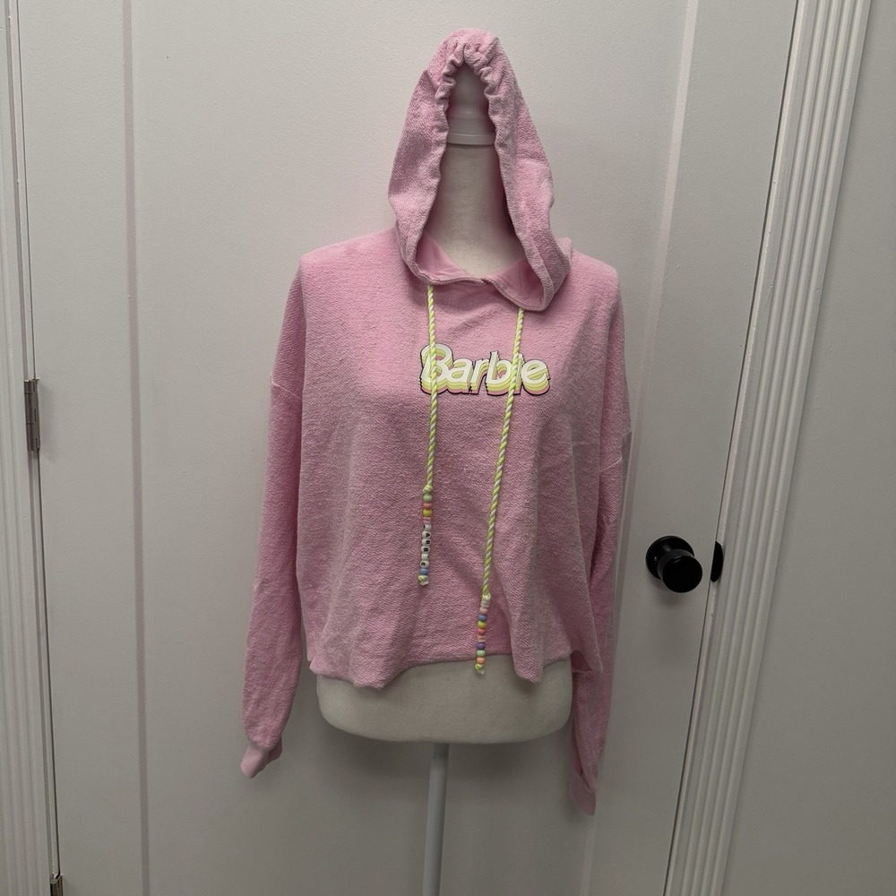 Barbie x Forever 21 Pink Cropped Hoodie Beaded Drawstrings Logo Sweatshirt 0X